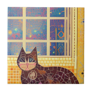 Azulejo De Cerâmica Quadrado marrom do mosaico de gato
