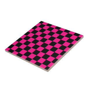 Azulejo De Cerâmica Quadrados verificados retro geométrico preto-rosa-