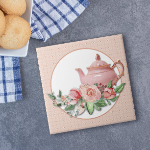 Azulejo De Cerâmica Quadro de Padrão Floral do Bule Rosa