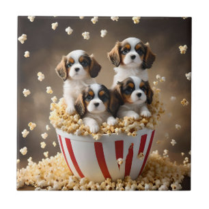 Azulejo De Cerâmica Quads Cavalier Spaniel Puppies Na Pipoca,