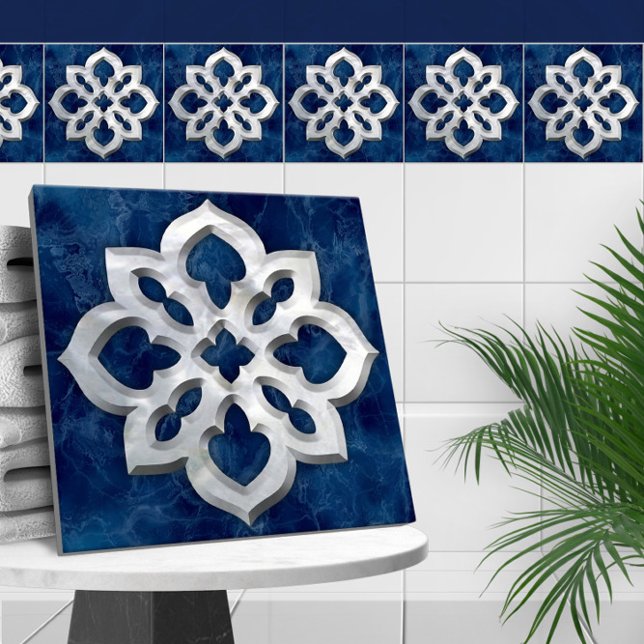 Azulejo De Cerâmica Quatrefoil Blue Marble e Pearl marroquinos (Criador carregado)