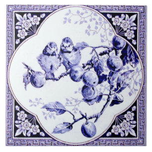 Azulejo De Cerâmica Quatrefoil Francês Enquadrado Azul Aves Antigas R
