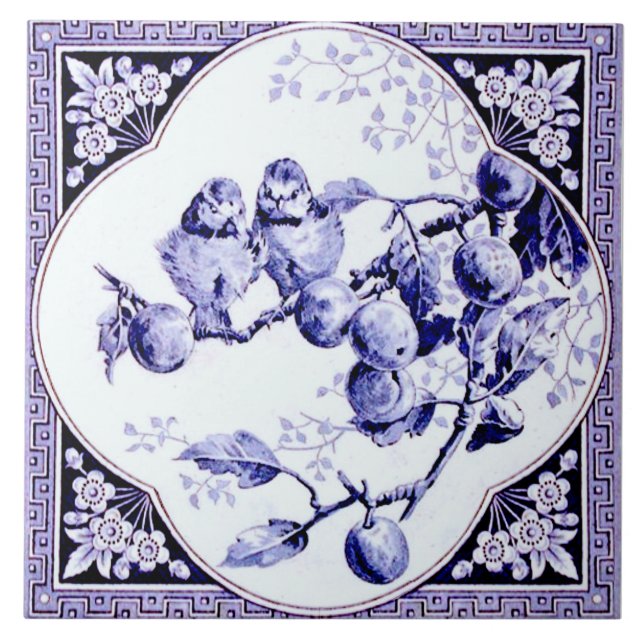 Azulejo De Cerâmica Quatrefoil Francês Enquadrado Azul Aves Antigas Re (Frente)