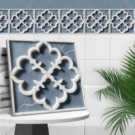 Azulejo De Cerâmica Quatrefoil marroquino, azul e mármore branco