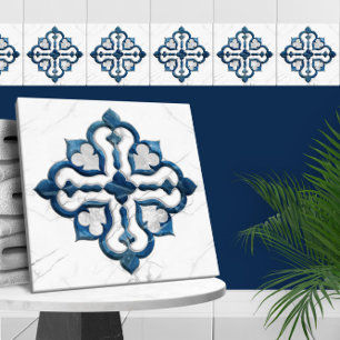 Azulejo De Cerâmica Quatrefoil marroquino, azul e mármore branco