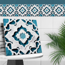 Azulejo De Cerâmica Quatrefoil marroquino, azul e mármore branco