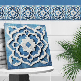 Azulejo De Cerâmica Quatrefoil marroquino, azul e mármore branco