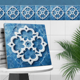 Azulejo De Cerâmica Quatrefoil marroquino, azul e mármore branco