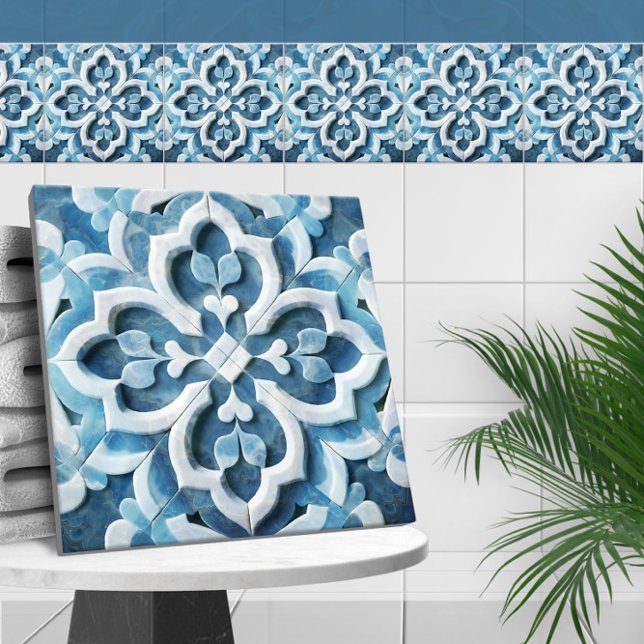 Azulejo De Cerâmica Quatrefoil marroquino, azul e mármore branco (Criador carregado)