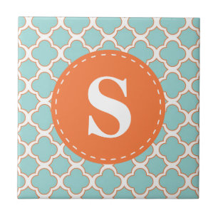 Azulejo De Cerâmica Quatrefoil Padrão Turquesa Laranja com Monograma