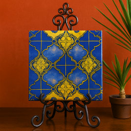 Azulejo De Cerâmica Quatrefoils de Padrão Marroquino Azul e Dourado