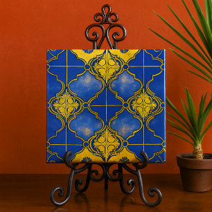 Azulejo De Cerâmica Quatrefoils de Padrão Marroquino Azul e Dourado