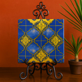 Azulejo De Cerâmica Quatrefoils de Padrão Marroquino Azul e Dourado