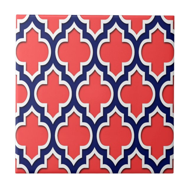 Azulejo De Cerâmica Quatrefol Branco do Marinho Vermelho Coral Marroco (Frente)