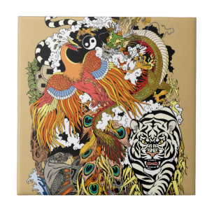 Azulejo De Cerâmica quatro animais celestiais