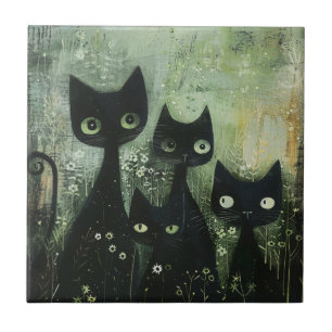 Azulejo De Cerâmica Quatro Gatos Pretos com Margaridas em Cinza Misto