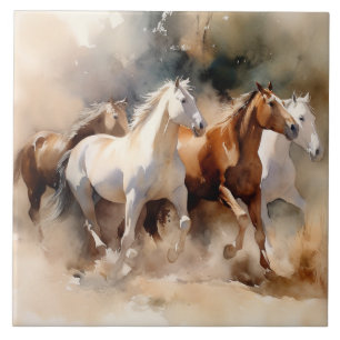 Azulejo De Cerâmica “Quatro Mustangs Galopando” Aquarela Ocidental Emp