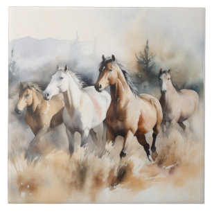 Azulejo De Cerâmica “Quatro Mustangs Selvagens” Aquarela Ocidental Emp