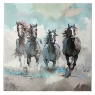 Azulejo De Cerâmica Quatro Mustangs Selvagens Galopam pela Pradaria