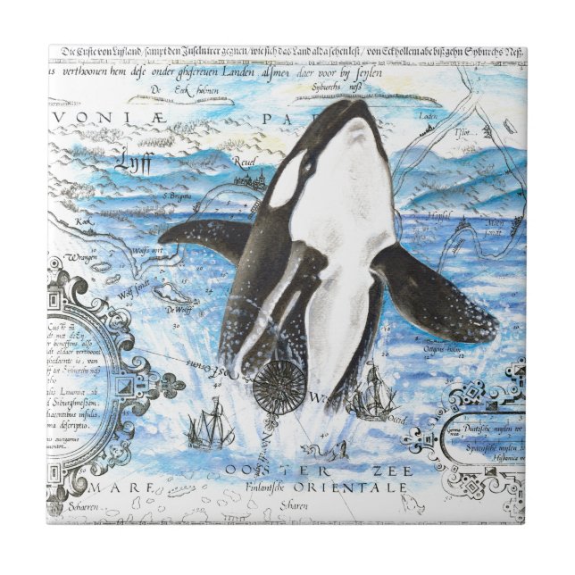 Azulejo De Cerâmica Quebrando Mapa Antigo da Orca (Frente)