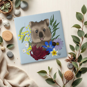 Azulejo De Cerâmica Quokka Feliz Austrália Floral Azul