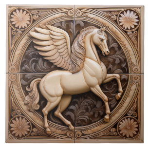 Azulejo De Cerâmica R Cavalo Alado Art Nouveau em relevo bege falso