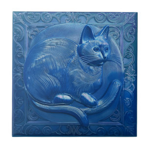 Azulejo De Cerâmica R Marinho Blue Faux alivio Art Nouveau Cat