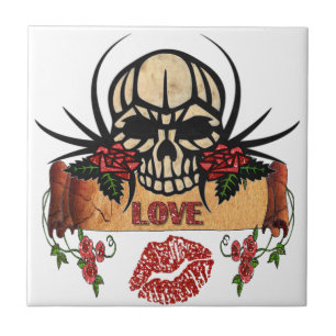 Azulejo De Cerâmica RAB Rockabilly Caveira Rosas Amor Batom
