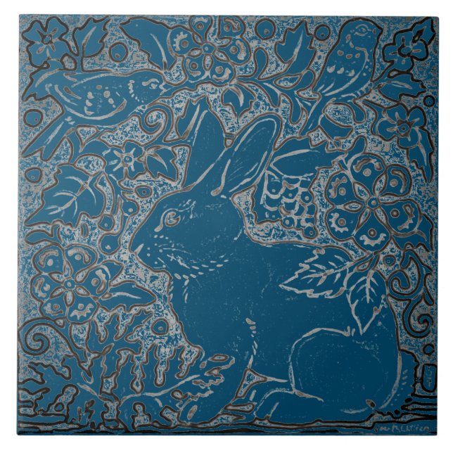 Azulejo De Cerâmica Rábano Teórico Rabbit Pássaro Folhagem Floral (Frente)