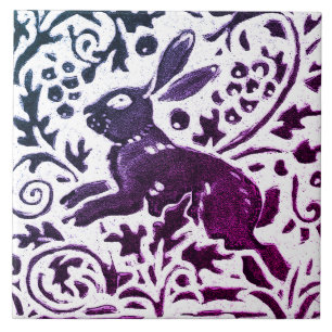 Azulejo De Cerâmica Rabbit Batik Moderno Púrpura Azul Floresta Floral