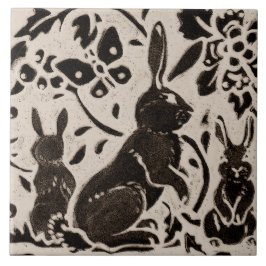 Azulejo De Cerâmica Rabbit Batik Stoneware Woodland Animal Tan Cinza