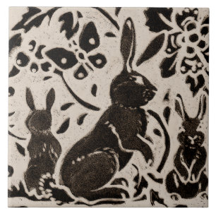 Azulejo De Cerâmica Rabbit Batik Stoneware Woodland Animal Tan Cinza