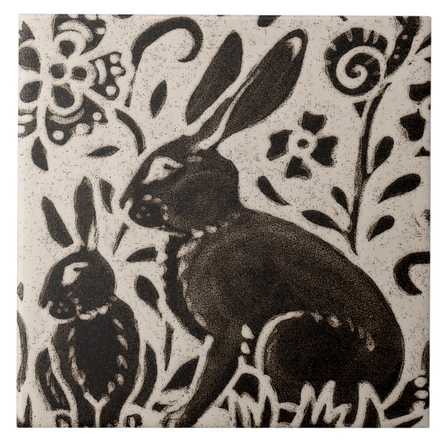 Azulejo De Cerâmica Rabbit Batik Woodland Animal Tan Cinza Castanha Fl (Frente)