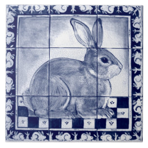 Azulejo De Cerâmica Rabbit Bunny Blue Vintage Arte Mural