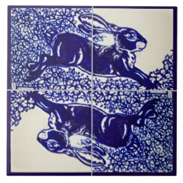 Azulejo De Cerâmica Rabbit Bunny Floral Marinho Azul Elegante