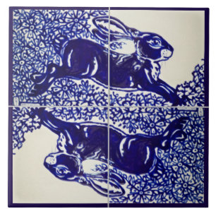 Azulejo De Cerâmica Rabbit Bunny Floral Marinho Azul Elegante