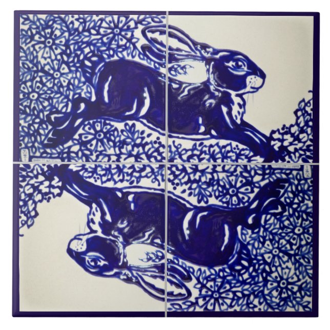 Azulejo De Cerâmica Rabbit Bunny Floral Marinho Azul Elegante (Frente)