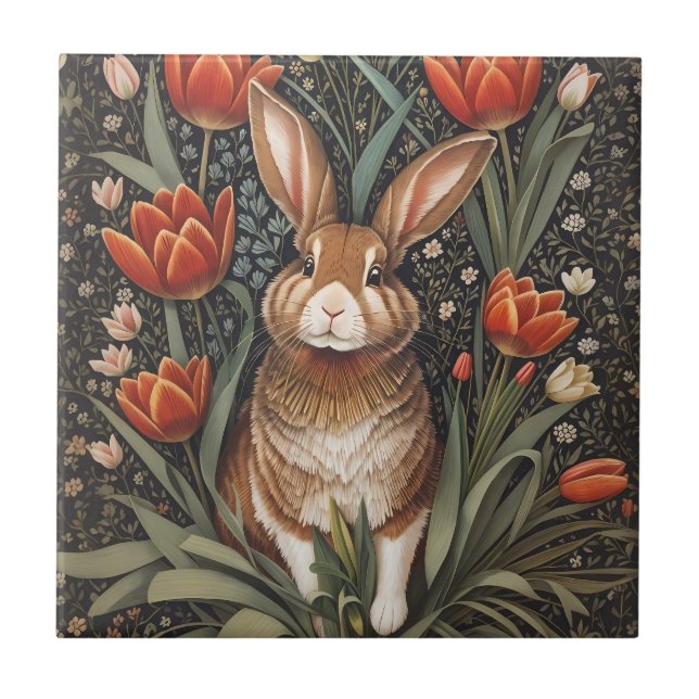 Azulejo De Cerâmica Rabbit vermelho Tulipas William Morris inspiradas (Frente)