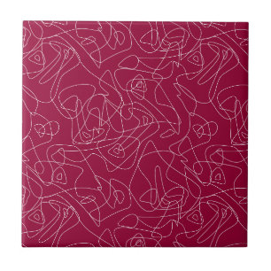 Azulejo De Cerâmica Rabiscos abstratos brancos em fundo vermelho escur