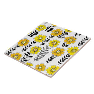 Azulejo De Cerâmica Rabiscos de margarida em amarelo e preto