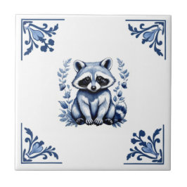 Azulejo De Cerâmica Raccoon Delft Blue Corners Woodland Animais
