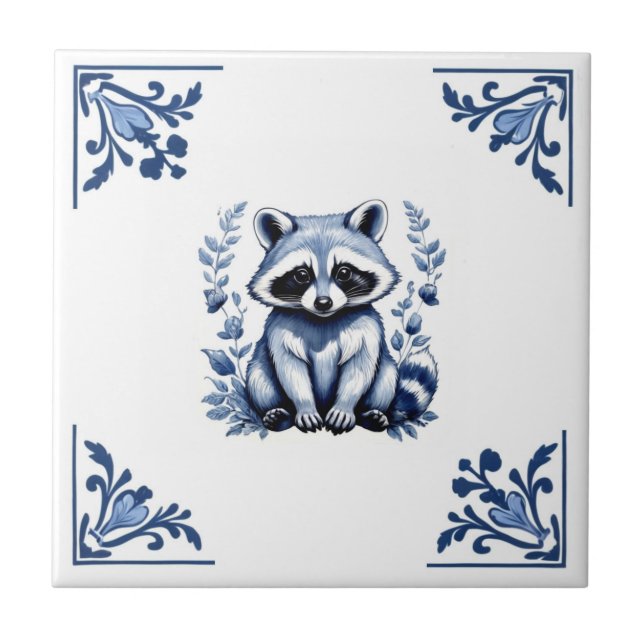 Azulejo De Cerâmica Raccoon Delft Blue Corners Woodland Animais (Frente)