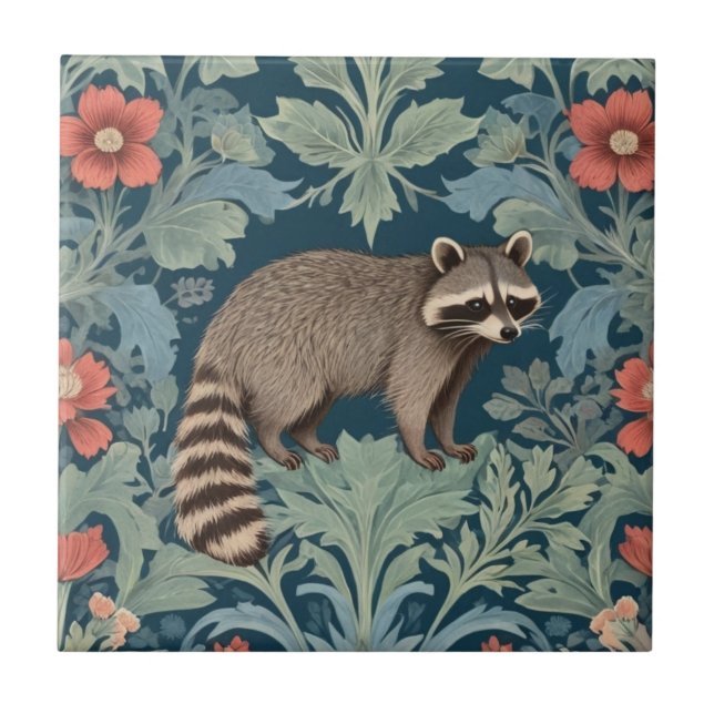 Azulejo De Cerâmica Raccoon William Morris estilo Right Facing Floral (Frente)