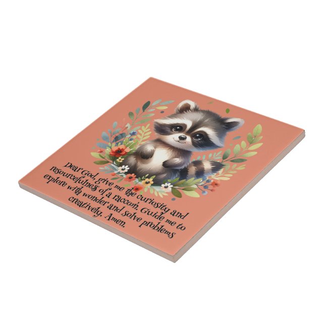 Azulejo De Cerâmica Raccoon Woodland Kids Christian Prayer a Rosa | (Lateral)