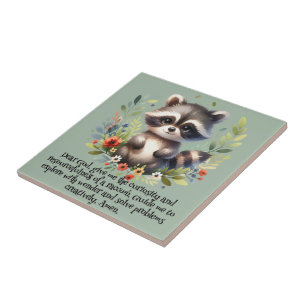 Azulejo De Cerâmica Raccoon Woodland Kids Christian Prayer em Azul  