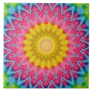 Azulejo De Cerâmica Rainbow Tie-Dye Mandala com Simetria Vibrante