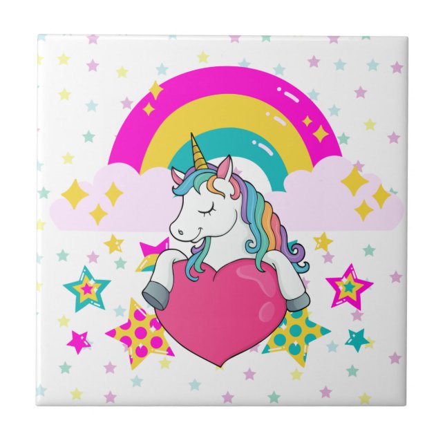 Azulejo De Cerâmica Rainbow Unicorn com estrelas (Frente)