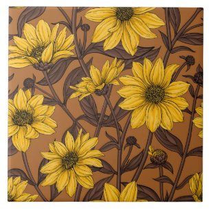 Azulejo De Cerâmica Raízes solares, girassol selvagem, amarelo e casta