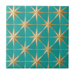 Azulejo De Cerâmica Rajada Dourada Geométrica Turquesa Meados do Sécul