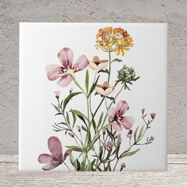 Azulejo De Cerâmica Ramalhete de Flores Silvestres Aquarela (Criador carregado)